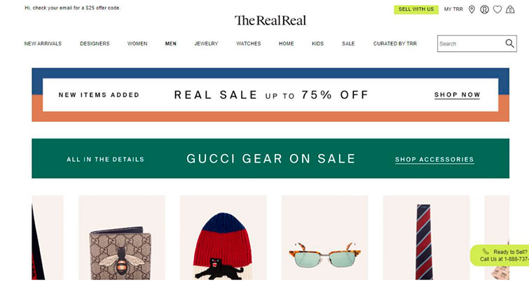 photo de l’interface du site TheRealReal qui propose la vente de vêtements d’occasion de luxe pour hommes et femmes