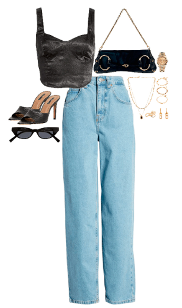Idée d’outfit avec un crop top noir et un jean bleu de l’application pour organiser des outfits Shoplook.